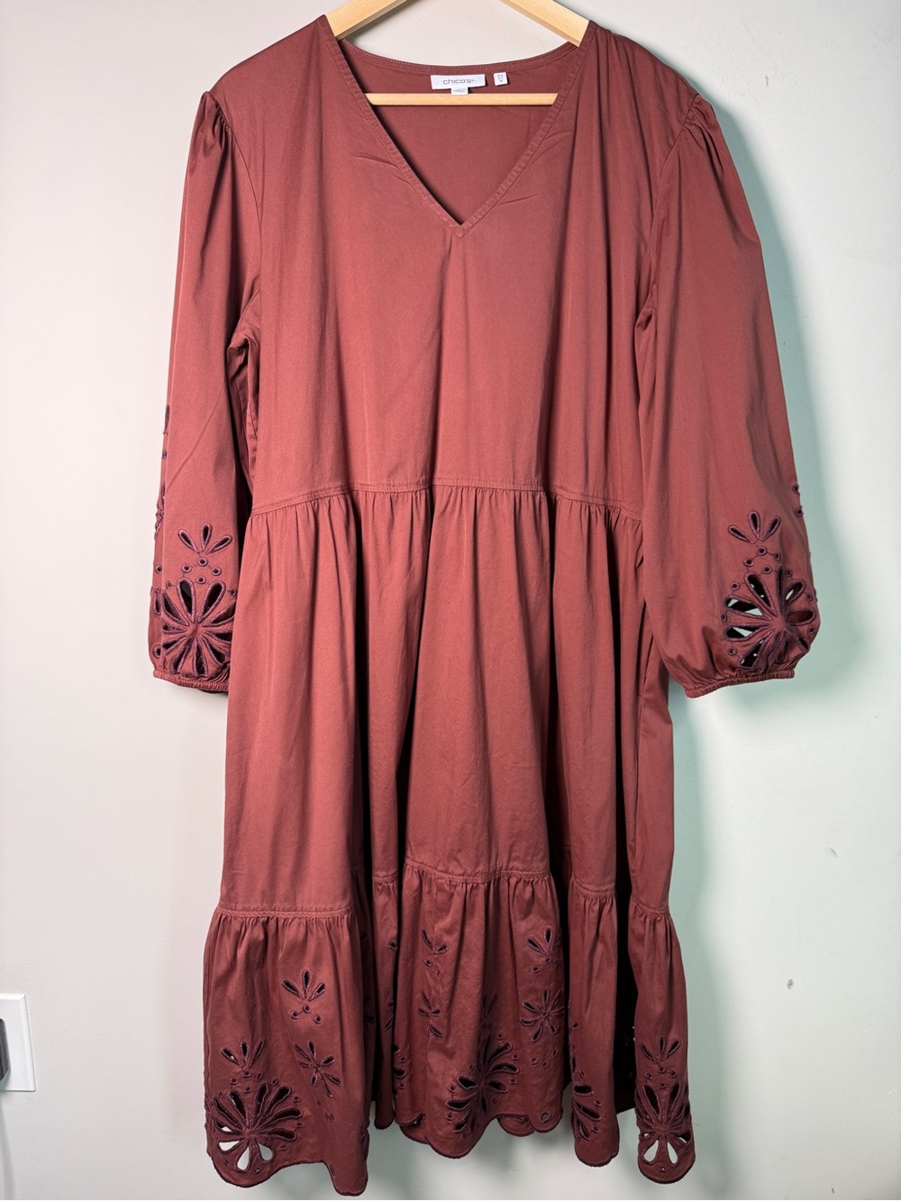 Chico’s Embroidered Eyelet Tiered Dress Rust Brown Boho Cottagecore Prairie XL